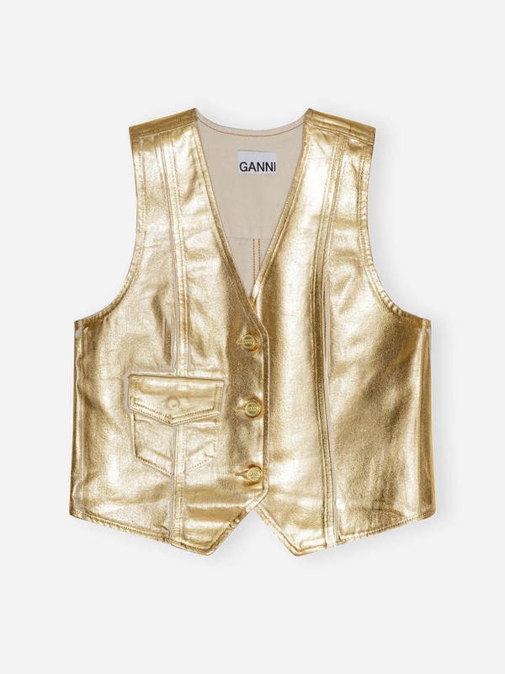 Ganni Metallic Gold Foil Denim Vest